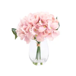 17cm Pink Hydrangeas Artificial Plant In Clear Glass Vase