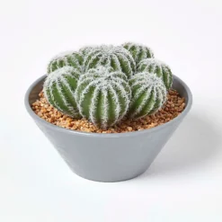 Homescapes Artificial Barrel Cactus Arrangement In Round Grey Pot, 17 Cm Tall