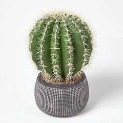 Homescapes Golden Barrel Artificial Cactus In Textured Stone Grey Pot, 38 Cm Tall