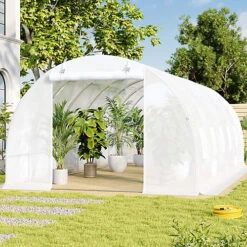 Livingandhome 19 X 10 Ft White Outdoor Walk In Tunnel Steel Frame Greenhouse With Roll Up Door Windows -HOMCO Garden Shop livingandhome 19 x 10 ft white outdoor walk in tunnel steel frame greenhouse with roll up door windows0670586480376 03c MP