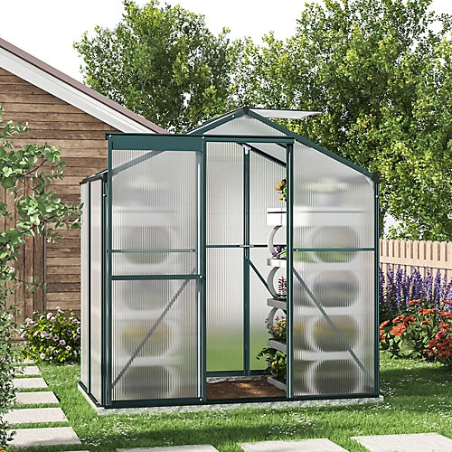 Livingandhome 6 X 4 Ft Polycarbonate Greenhouse Aluminium Frame Garden Green House With Base Foundation,Green 4 Livingandhome 6 X 4 Ft Polycarbonate Greenhouse Aluminium Frame Garden Green House With Base Foundation,Green - Image 2