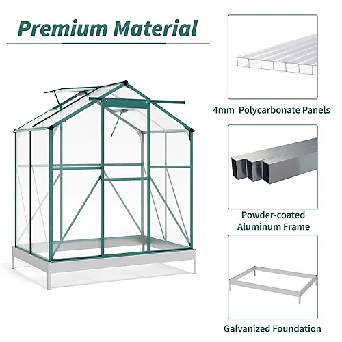 Livingandhome 6 X 4 Ft Polycarbonate Greenhouse Aluminium Frame Garden Green House With Base Foundation,Green 5 Livingandhome 6 X 4 Ft Polycarbonate Greenhouse Aluminium Frame Garden Green House With Base Foundation,Green - Image 3
