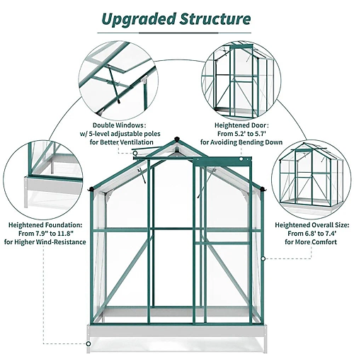 Livingandhome 6 X 4 Ft Polycarbonate Greenhouse Aluminium Frame Garden Green House With Base Foundation,Green 6 Livingandhome 6 X 4 Ft Polycarbonate Greenhouse Aluminium Frame Garden Green House With Base Foundation,Green - Image 4