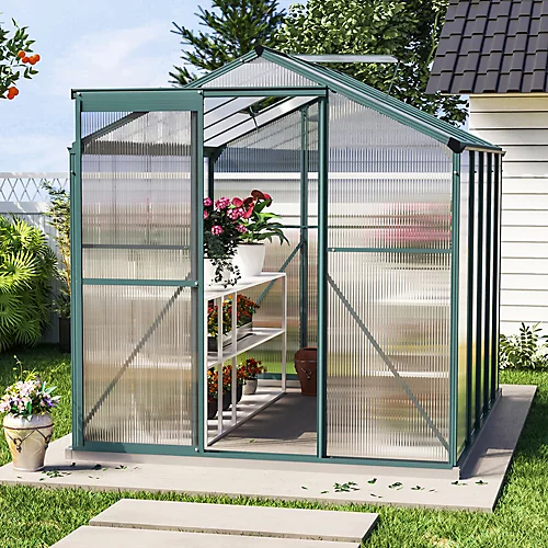 Livingandhome 8 X 6 Ft Polycarbonate Greenhouse Aluminium Frame Garden Green House With Base Foundation,Green 4 Livingandhome 8 X 6 Ft Polycarbonate Greenhouse Aluminium Frame Garden Green House With Base Foundation,Green - Image 2