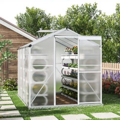 Livingandhome 8 X 6 Ft Polycarbonate Greenhouse Aluminium Frame Garden Green House With Base Foundation,Silver -HOMCO Garden Shop livingandhome 8 x 6 ft polycarbonate greenhouse aluminium frame garden green house with base foundation silver0735940226097 02c MP