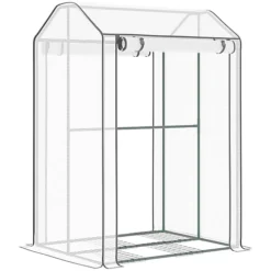 Outsunny Mini Greenhouse With Shelves And Roll Up Door, 100x80x150cm, White -HOMCO Garden Shop outsunny mini greenhouse with shelves and roll up door 100x80x150cm white5056534575724 02c MP
