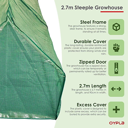 Oypla Large Steeple Growhouse Garden Plant Greenhouse With Plastic Mesh Cover - 270x90x90cm 5 Oypla Large Steeple Growhouse Garden Plant Greenhouse With Plastic Mesh Cover - 270x90x90cm - Image 3