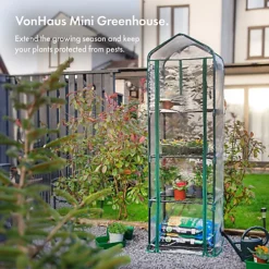 VonHaus 4 Tier Mini Plastic PVC Greenhouse, Small Plant House/Grow House For Garden, Roll Up Zip Panel Door, Easy No Tool Assembly -HOMCO Garden Shop vonhaus 4 tier mini plastic pvc greenhouse small plant house grow house for garden roll up zip panel door easy no tool assembly5060192527650 02c MP